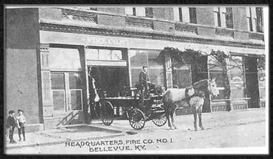 Bellevue Fire Dept circ 1800. A horse pulling a fire wagon. Text reads Headquarters Fire Co. No. 1 Bellevue, Ky